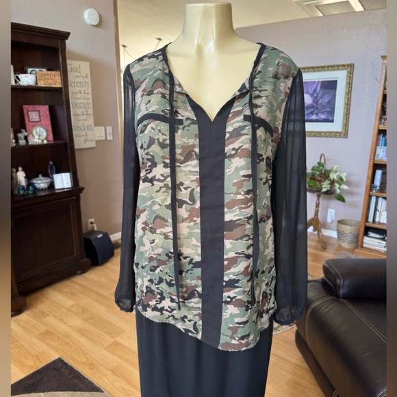 A.N.A. sheer black & camouflage long sleeve Vneck blouse-size M - Picture 1 of 9
